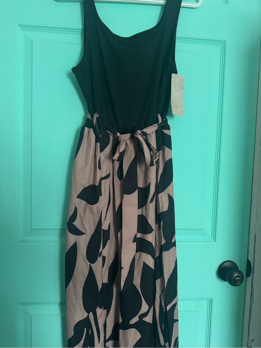 Sleeveless Black & Taupe Patterned Maxi Jumpsuit with Tie Waist